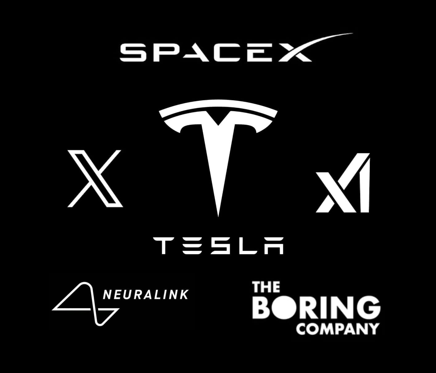 Esta ilustração vetorial apresenta os seguintes logotipos:

Tesla: líder em veículos elétricos e soluções de energia sustentável.

SpaceX: empresa aeroespacial focada na exploração espacial e viagens interplanetárias.

Neuralink: empresa de neurotecnologia dedicada ao desenvolvimento de interfaces cérebro-máquina.

The Boring Company: empresa de infraestrutura especializada na construção de túneis para transporte urbano.


Twitter: plataforma de mídia social adquirida por Musk e rebatizada como "X".