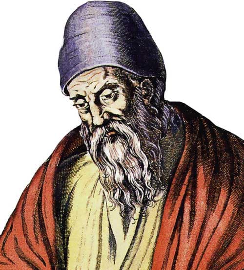  Ilustração artística de Euclides de Alexandria, matemático grego da Antiguidade, considerado o “pai da geometria”, com vestes tradicionais e expressão serena.