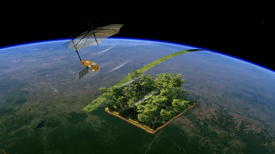  Ilustração do satélite Biomass em órbita ao redor da Terra, com seu radar de grande alcance rastreando a superfície do planeta para mapear a biomassa florestal e medir o carbono armazenado nas florestas ao redor do mundo.