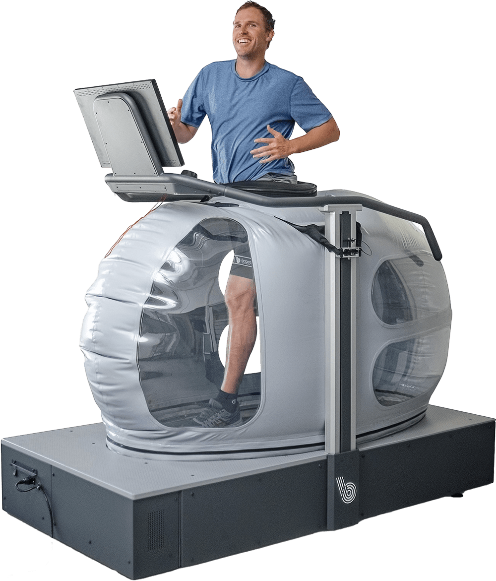 Sean Whalen, cofundador da Boost Treadmills, corre na Boost 2. A esteira usa pressão de ar para contrariar a gravidade, permitindo que pessoas com lesões e outras condições possam correr.
Crédito: Boost Treadmills LLC