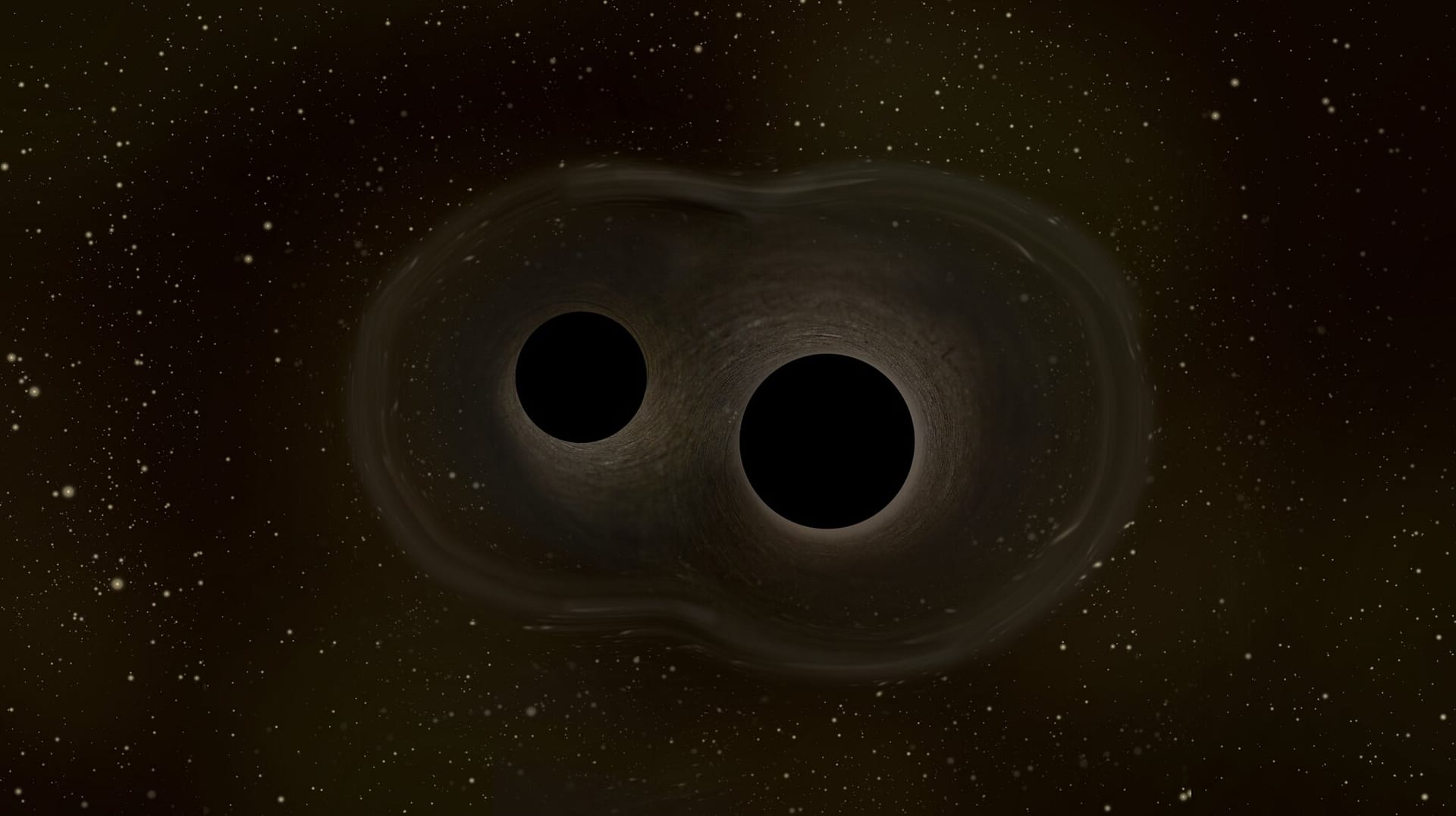 Ilustração artística de dois buracos negros colidindo, liberando ondas gravitacionais no espaço.