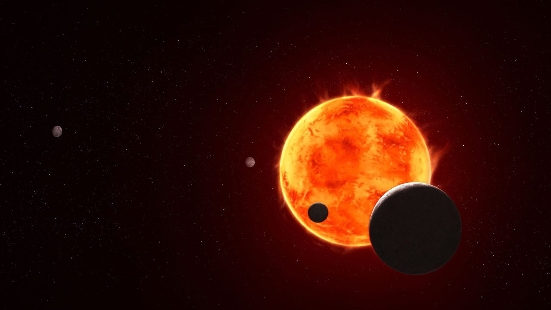 Ilustração de uma estrela com múltiplas labaredas e quatro pequenos planetas em órbita. A estrela está deslocada para a parte inferior direita, com um planeta em silhueta à sua parte inferior direita. Um planeta menor aparece uma polegada à esquerda, também em silhueta. Um terceiro planeta está diretamente à esquerda da estrela, em tons de cinza e branco, mas sem muitos detalhes, e mais distante, próximo à borda esquerda da imagem, encontra-se o quarto planeta, também em tons de cinza e com poucos detalhes.