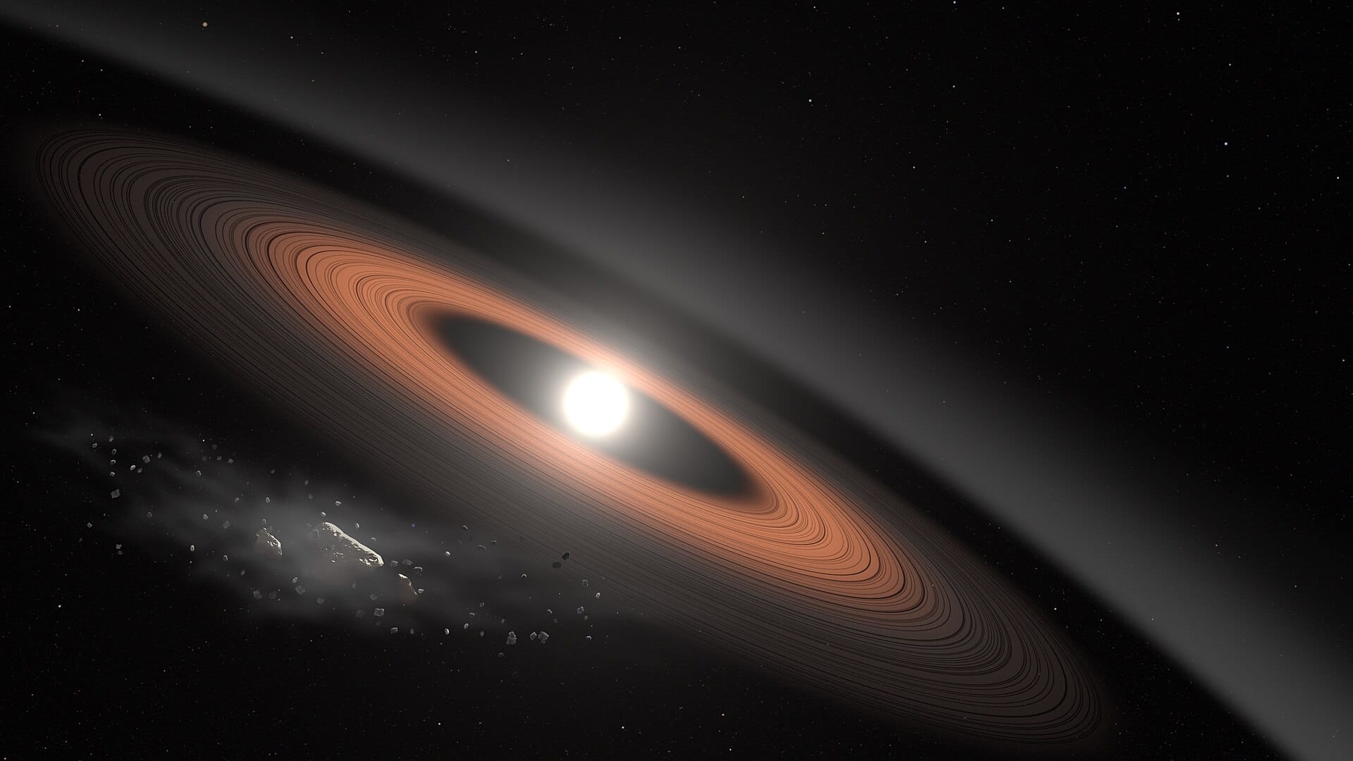Ilustração artística da anã branca LSPM J0207+3331, um remanescente estelar do tamanho da Terra, cercada por múltiplos anéis de poeira e detritos — possivelmente os restos de antigos asteroides despedaçados por sua intensa gravidade.
Créditos: NASA / Goddard Space Flight Center / Conceptual Image Labeta