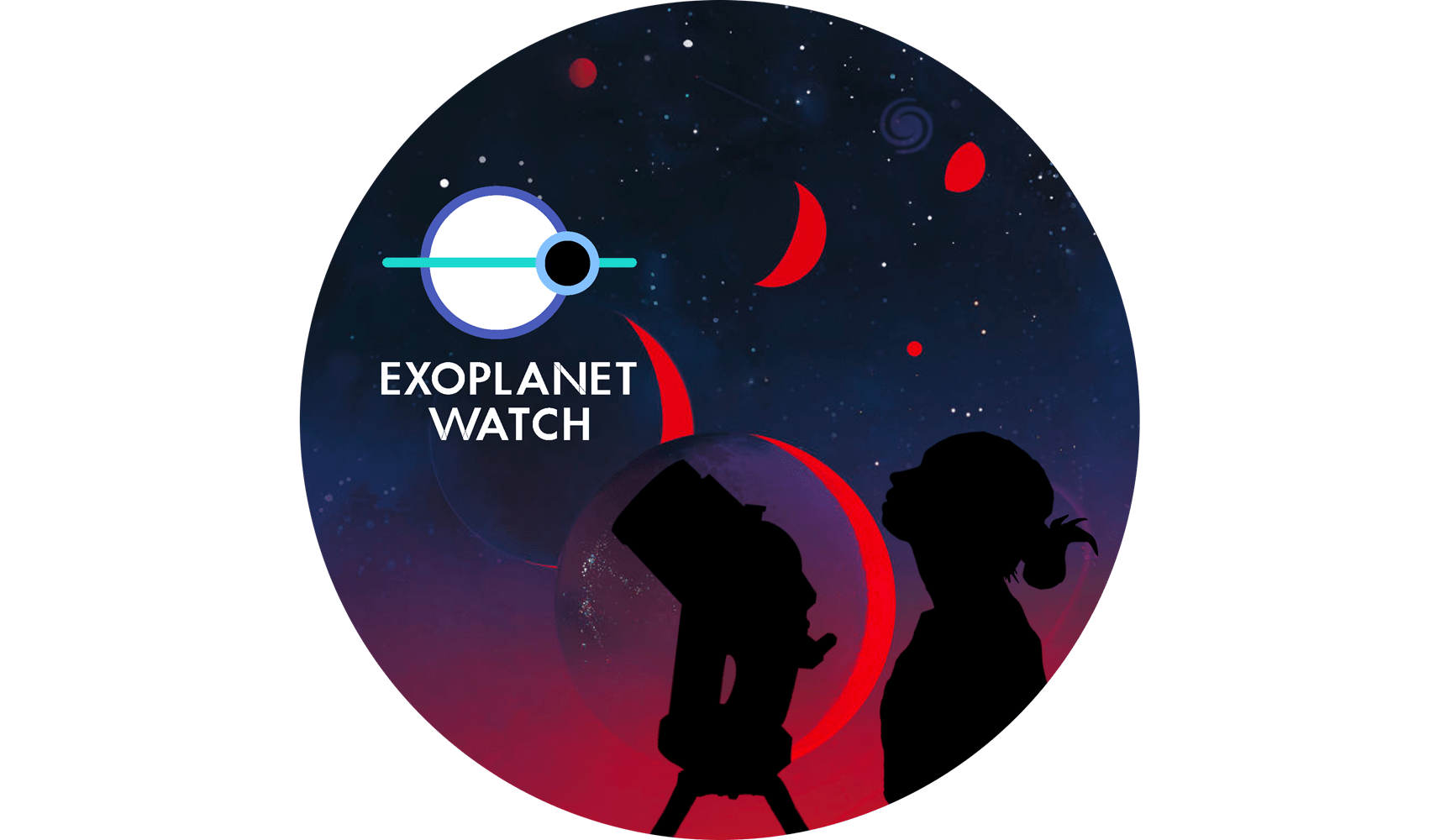 Logotipo do Exoplanet Watch. Em um fundo branco, um gráfico simples aparece acima das palavras 'Exoplanet Watch'. O gráfico consiste em um grande círculo roxo com uma faixa horizontal verde atravessando seu meio e se estendendo bem além do círculo. Na interseção do círculo roxo com a linha verde, no lado direito, há outro círculo, este em azul claro. O círculo roxo representa uma estrela, o círculo azul claro um exoplaneta em órbita, e a linha verde o traçado da órbita do exoplaneta.