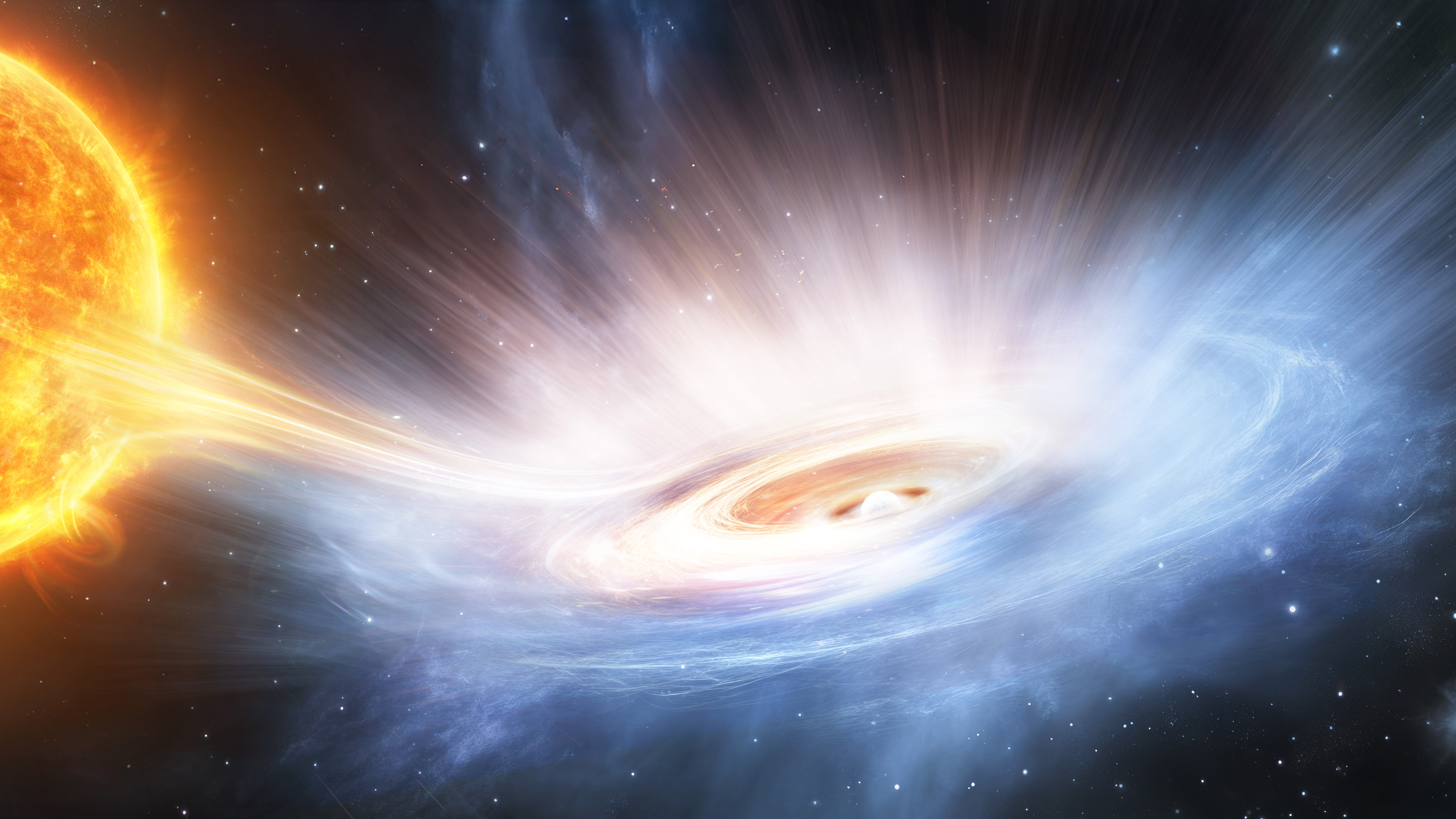 Descrição da imagem: o foco da imagem é um disco de material em espiral que vai do azul ao rosa, circulando ao redor de uma esfera branca e brilhante no centro. Raios luminosos — principalmente em tons de branco e rosa — se elevam na parte superior da imagem, como se um vento estivesse soprando a matéria em rotação. À esquerda da imagem, uma esfera em tons de amarelo e laranja está parcialmente visível, representando uma estrela. Essa estrela parece alimentar o disco por meio de um fluxo de matéria alaranjada que conecta os dois corpos.