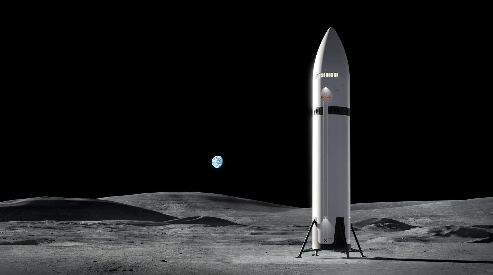 alt="Estes conceitos artísticos mostram o Sistema de Pouso Humano (HLS) da Starship da SpaceX na Lua. A NASA está trabalhando com a SpaceX para desenvolver o Starship HLS, que transportará astronautas da órbita lunar até a superfície lunar e os trará de volta para as missões Artemis III e Artemis IV, como parte da campanha Artemis da agência. Com cerca de 50 metros de altura, o Starship HLS terá aproximadamente a mesma altura de um prédio de 15 andares. Um elevador no Starship HLS será usado para transportar a tripulação e a carga entre o módulo de pouso e a superfície lunar."