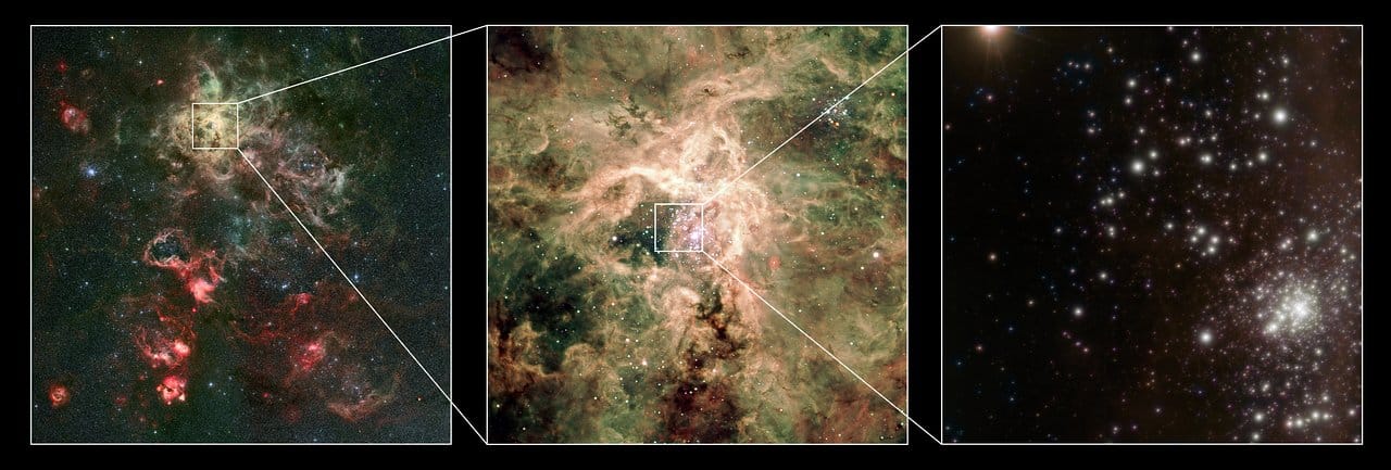 Usando uma combinação de instrumentos do Very Large Telescope (VLT) do ESO, astrônomos descobriram as estrelas mais massivas já conhecidas, algumas com massa inicial superior a 300 vezes a do Sol, ou seja, duas vezes o limite atualmente aceito de 150 massas solares.

A mais extrema dessas estrelas foi encontrada no aglomerado RMC 136a (mais conhecido como R136). Batizada de R136a1, ela possui atualmente 265 vezes a massa do Sol. Com pouco mais de um milhão de anos, R136a1 já é considerada “meia-idade” e passou por um intenso processo de perda de massa, eliminando um quinto de sua massa inicial nesse período — mais de cinquenta massas solares. A estrela também possui a maior luminosidade conhecida, cerca de 10 milhões de vezes maior que a do Sol.

O R136 é um aglomerado de estrelas jovens, massivas e quentes, localizado dentro da Nebulosa Tarântula, em uma das galáxias vizinhas da Via Láctea, a Grande Nuvem de Magalhães, a 165 mil anos-luz de distância. O aglomerado contém tantas estrelas que, em uma escala equivalente à distância entre o Sol e a estrela mais próxima, haveria dezenas de milhares de estrelas. Centenas dessas estrelas são tão brilhantes que, se estivéssemos em um planeta (hipotético) no centro do aglomerado, o céu nunca escureceria.

Esta montagem mostra:

À esquerda: imagem em luz visível da Nebulosa Tarântula capturada pelo Wide Field Imager no telescópio MPG/ESO de 2,2 metros;

No meio: imagem em luz visível com zoom do Very Large Telescope;

À direita: nova imagem do aglomerado R136, obtida com o instrumento de óptica adaptativa MAD no VLT em infravermelho próximo, com o aglomerado no canto inferior direito.

A imagem do MAD revela detalhes únicos sobre o conteúdo estelar do aglomerado, permitindo estudar as estrelas mais massivas e brilhantes do Universo.
