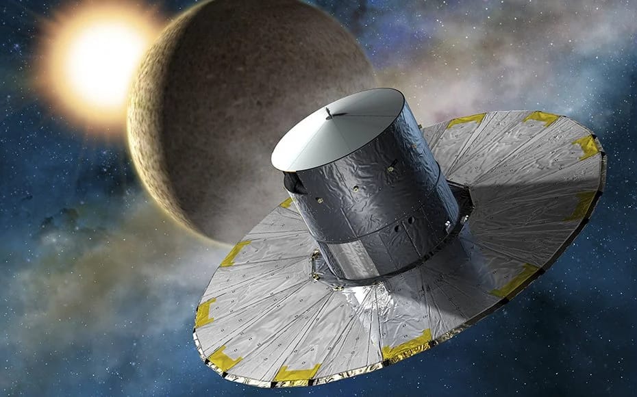 Ilustração do telescópio Gaia, usado para medir distâncias astronômicas e calcular a unidade de parsec. Gaia tem como missão mapear as estrelas e medir com precisão as distâncias no espaço, ajudando os astrônomos a compreender melhor o universo e a localização de estrelas distantes.