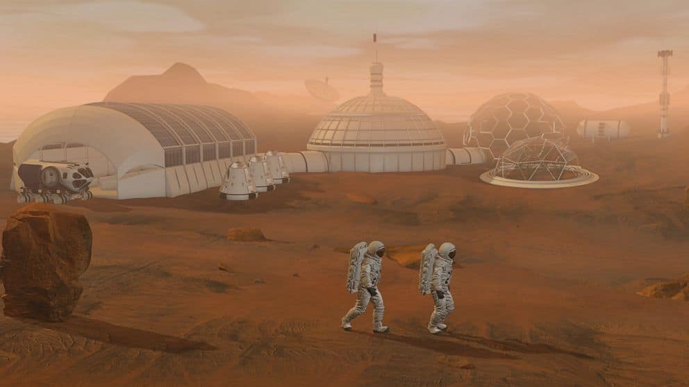 Conceito artístico ilustrando astronautas realizando atividades científicas em Marte, com vistas de uma base humana e tecnologias que permitem a exploração do planeta vermelho. A cena reflete os possíveis avanços da humanidade em um futuro próximo.
