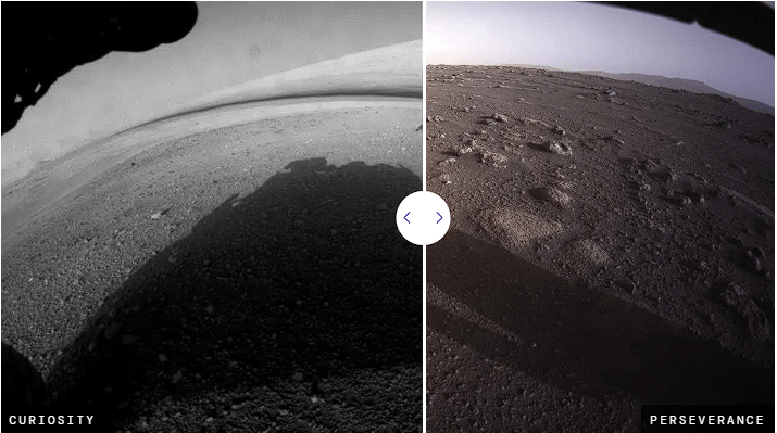 Os rovers Curiosity e Perseverance, da NASA, trouxeram mais câmeras — e mais cores — para a superfície marciana. Um exemplo são as câmeras de prevenção de obstáculos, que são em preto e branco no Curiosity, à esquerda, e em alta resolução colorida no Perseverance.
NASA/JPL-Caltech